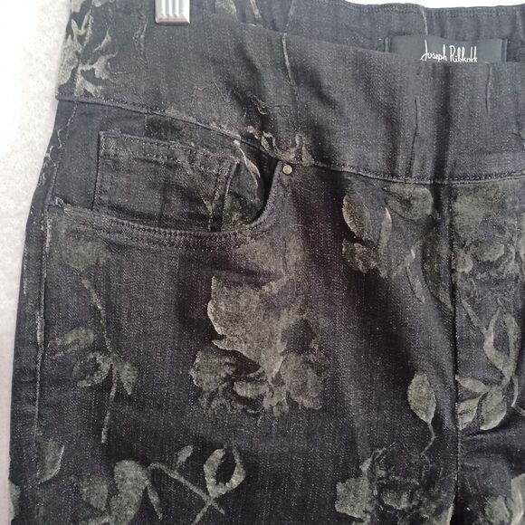 Joseph Ribkoff Jeans 12 Black Floral Velvet Flocked Pull On Stretch Denim Pants - Picture 5 of 10